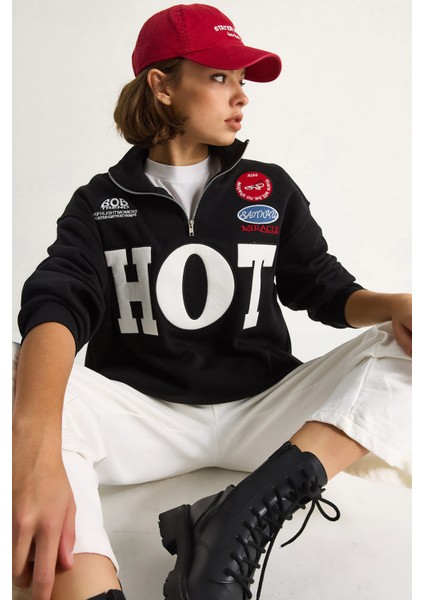 Kadın Fermuarlı Dik Yaka Işlemeli Üç Iplik Şardonlu Oversize Sweatshirt modelleri