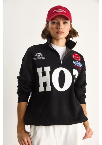 Kadın Fermuarlı Dik Yaka Işlemeli Üç Iplik Şardonlu Oversize Sweatshirt fırsatları