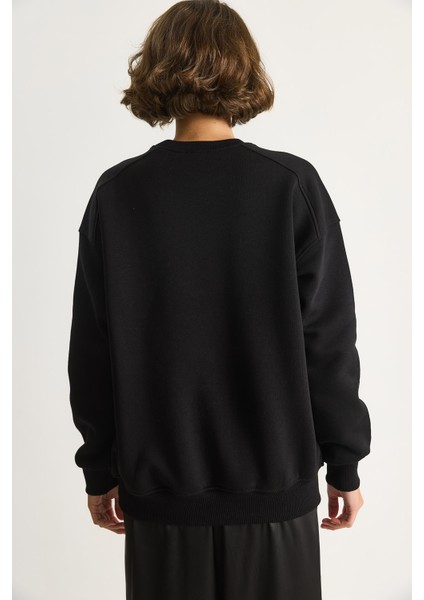 Kadın Bisiklet Yaka Teddy Nakış Detaylı Sweat