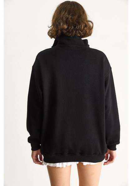 Kadın London Işlemeli Dik Yaka Fermuar Detaylı Şardonlu Oversize Sweatshirt