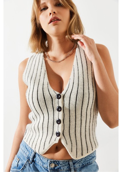 Kadın Çizgili Şardonlu Triko Yelek