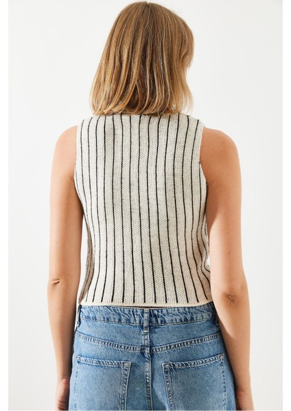 Kadın Çizgili Şardonlu Triko Yelek