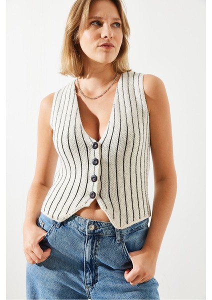 Kadın Çizgili Şardonlu Triko Yelek