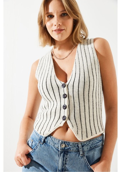 Kadın Çizgili Şardonlu Triko Yelek