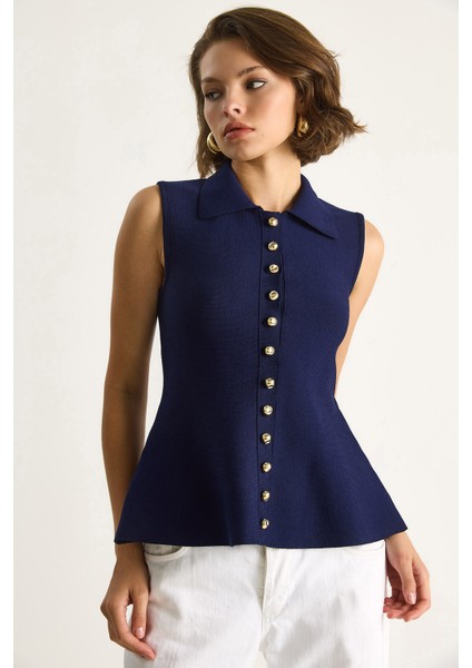 Kadın Düğme Detaylı Yakalı A Kesim Peplum Triko Yelek fiyatları