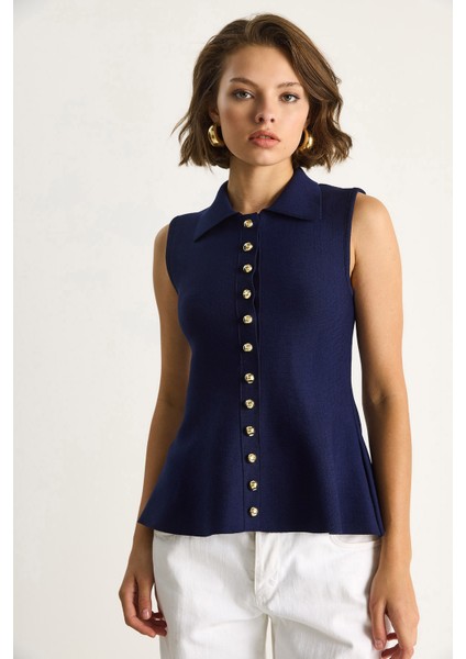 Kadın Düğme Detaylı Yakalı A Kesim Peplum Triko Yelek modelleri