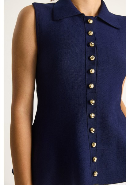 Kadın Düğme Detaylı Yakalı A Kesim Peplum Triko Yelek indirimleri