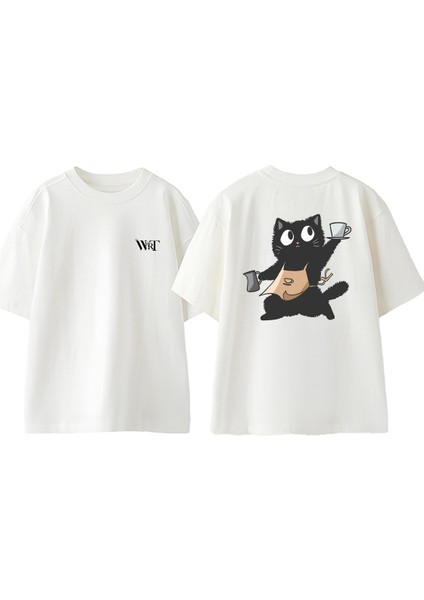 Garson Cat Tasarım Sırt Baskılı Pamuk Beyaz Oversize T-Shirt