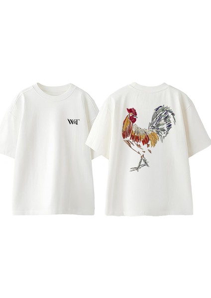 Horoz Renkli Tasarım Sırt Baskılı Pamuk Beyaz Oversize T-Shirt