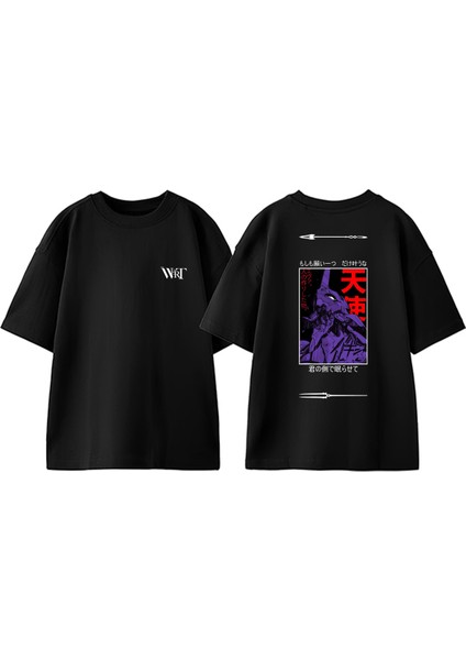 Neon Genesis Evangelion 9 Tasarım Sırt Baskılı Pamuk Siyah Oversize T-Shirt