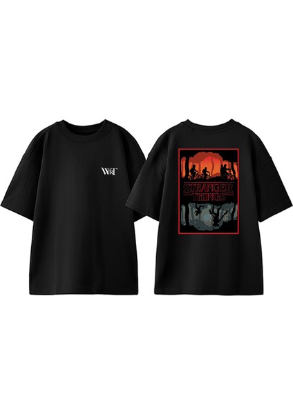 Stranger Thıngs 1 Tasarım Sırt Baskılı Pamuk Siyah Oversize T-Shirt