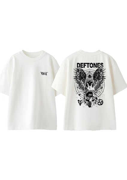 Deftones Baykuş Tasarım Sırt Baskılı Pamuk Beyaz Oversize T-Shirt