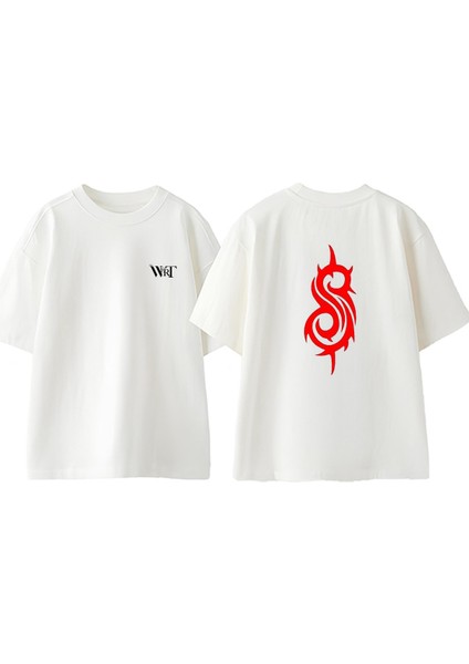 Slipknot Rock Müzik 17 Tasarım Sırt Baskılı Pamuk Beyaz Oversize T-Shirt