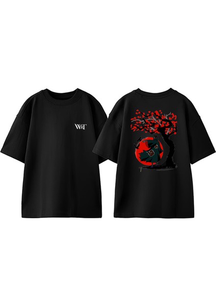 Uchiha Itachi Naruto 3 Tasarım Sırt Baskılı Pamuk Siyah Oversize T-Shirt