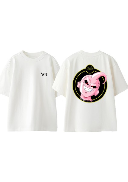 Kid Buu Sarı Daire Tasarım Sırt Baskılı Pamuk Beyaz Oversize T-Shirt