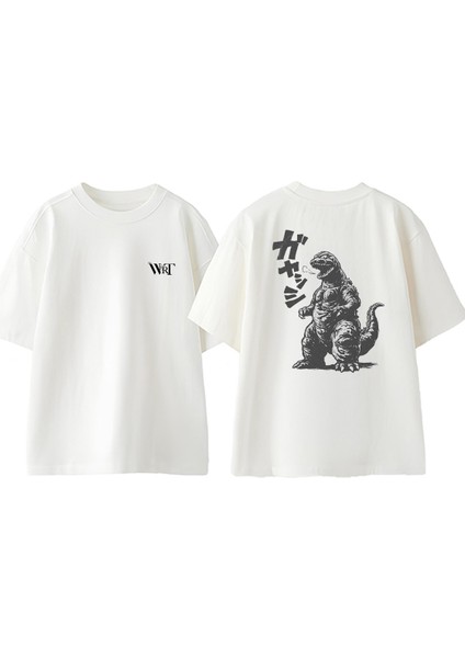 Godzilla Is Full Tasarım Sırt Baskılı Pamuk Beyaz Oversize T-Shirt