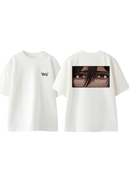 Mikasa Eyes Tasarım Sırt Baskılı Pamuk Beyaz Oversize T-Shirt