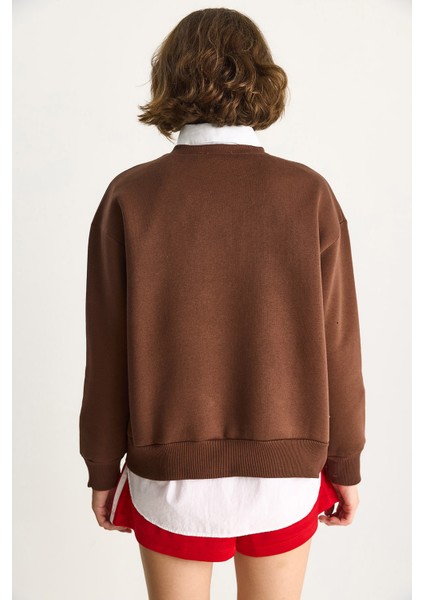 Kadın Teddy Nakış Işlemeli Bisiklet Yaka Salaş Sweatshirt