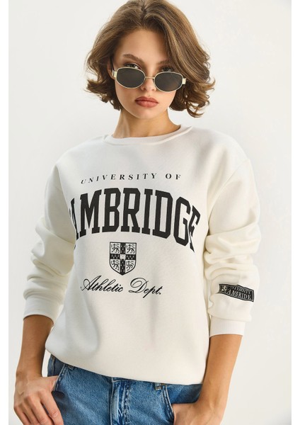 Kadın Bisiklet Yaka Baskılı Üç Iplik Şardonlu Basic Sweatshirt