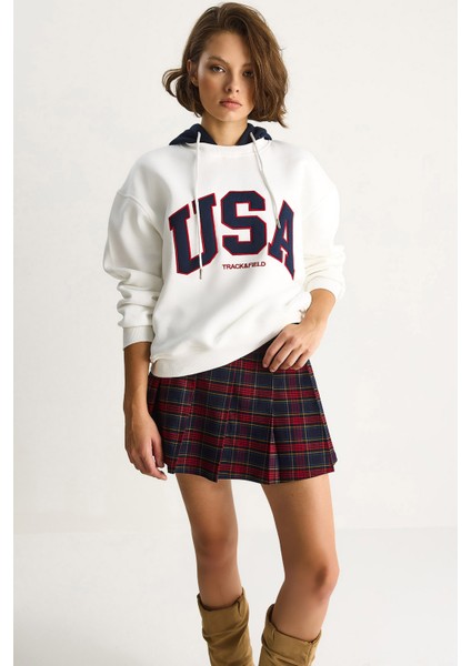 Kadın Usa Işlemeli Şardonlu Kapüşonlu Salaş Sweatshirt