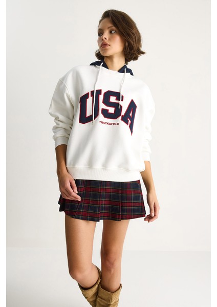 Kadın Usa Işlemeli Şardonlu Kapüşonlu Salaş Sweatshirt fiyatları