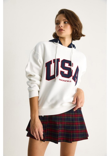 Kadın Usa Işlemeli Şardonlu Kapüşonlu Salaş Sweatshirt modelleri