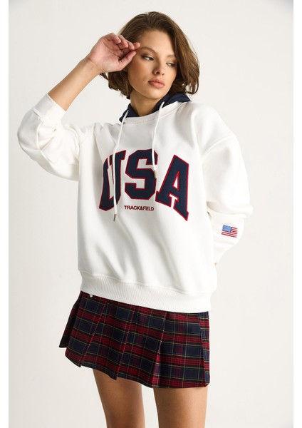 Kadın Usa Işlemeli Şardonlu Kapüşonlu Salaş Sweatshirt fırsatları