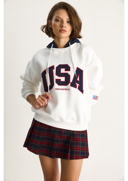 Kadın Usa Işlemeli Şardonlu Kapüşonlu Salaş Sweatshirt indirimleri