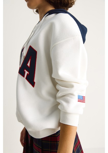 Kadın Usa Işlemeli Şardonlu Kapüşonlu Salaş Sweatshirt