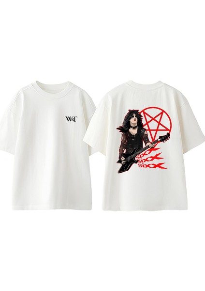 Sixx Sixx Sixx Motley Tasarım Sırt Baskılı Pamuk Beyaz Oversize T-Shirt