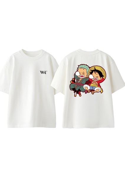 One Piece Zoro Luffy Cute Tasarım Sırt Baskılı Pamuk Beyaz Oversize T-Shirt