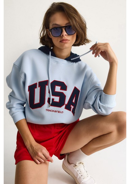 Kadın Usa Işlemeli Şardonlu Kapüşonlu Salaş Sweatshirt