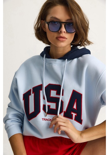 Kadın Usa Işlemeli Şardonlu Kapüşonlu Salaş Sweatshirt fiyatları