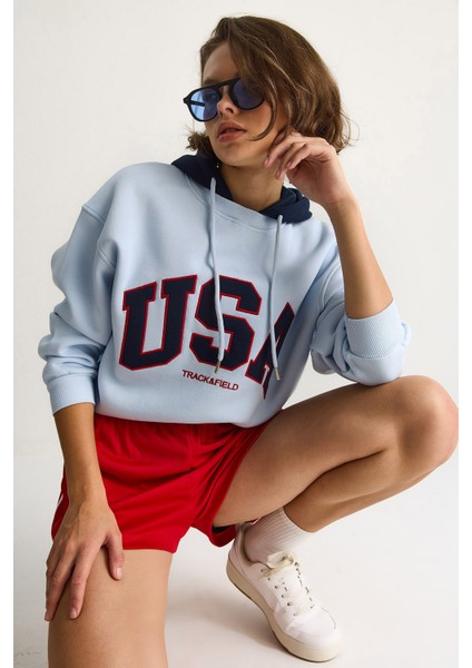 Kadın Usa Işlemeli Şardonlu Kapüşonlu Salaş Sweatshirt modelleri