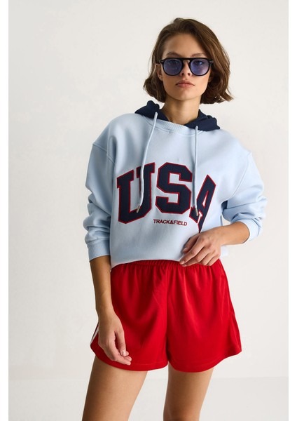 Kadın Usa Işlemeli Şardonlu Kapüşonlu Salaş Sweatshirt fırsatları