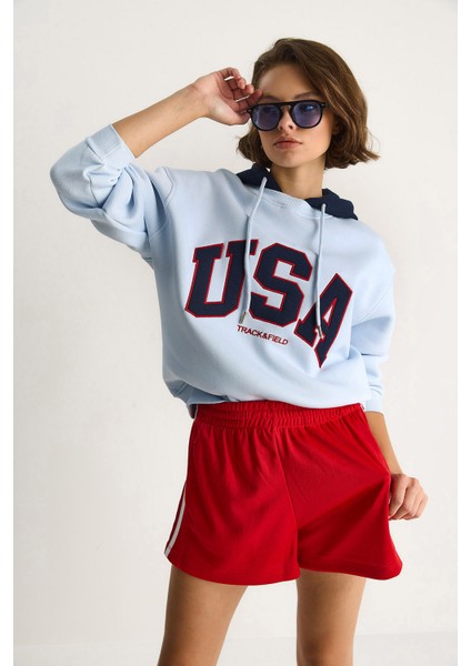Kadın Usa Işlemeli Şardonlu Kapüşonlu Salaş Sweatshirt indirimleri
