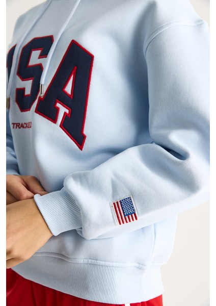 Kadın Usa Işlemeli Şardonlu Kapüşonlu Salaş Sweatshirt