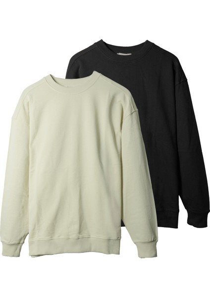 Kadın %100 Pamuk Regular Fit Basic Sweatshirt | Siyah & Bej