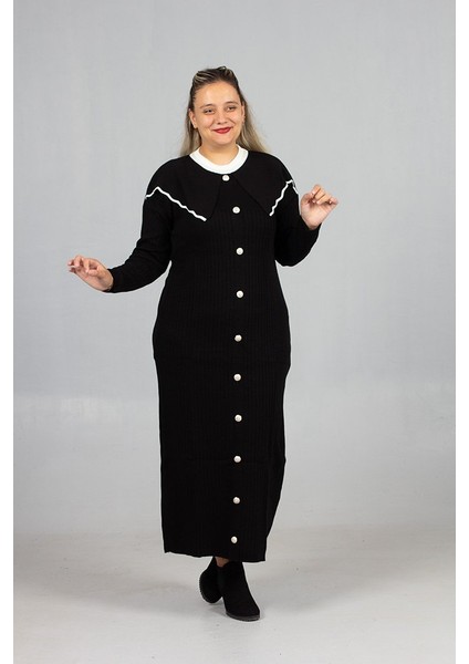Bebe Yaka Triko Elbise Şık ve Rahat Büyük Beden Siyah Triko Elbise