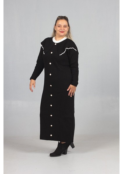 Bebe Yaka Triko Elbise Şık ve Rahat Büyük Beden Siyah Triko Elbise indirimleri