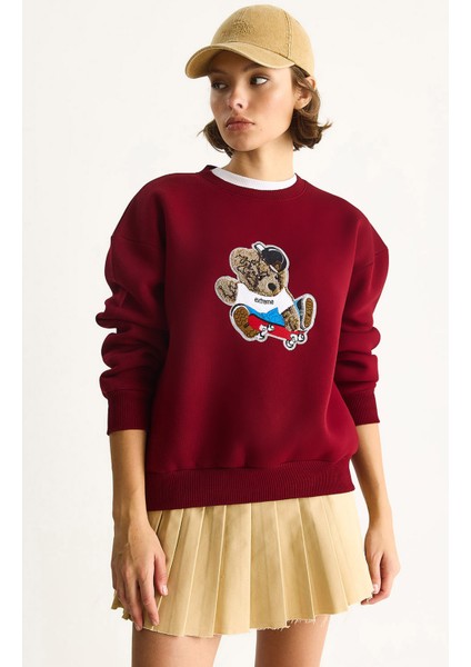 Kadın Teddy Nakış Işlemeli Bisiklet Yaka Salaş Sweatshirt