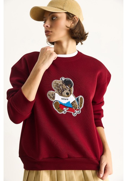 Kadın Teddy Nakış Işlemeli Bisiklet Yaka Salaş Sweatshirt modelleri