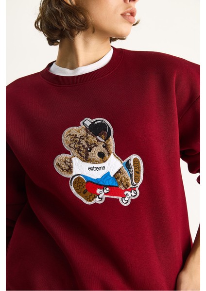 Kadın Teddy Nakış Işlemeli Bisiklet Yaka Salaş Sweatshirt indirimleri