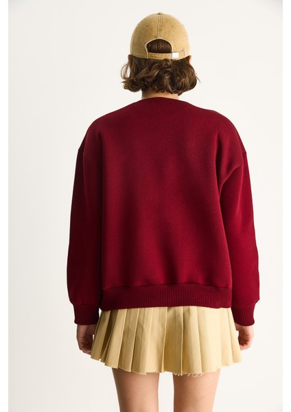 Kadın Teddy Nakış Işlemeli Bisiklet Yaka Salaş Sweatshirt