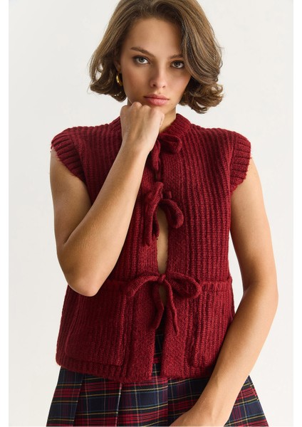 Kadın Önden Bağlamalı Cep Detaylı Triko Yelek modelleri