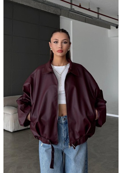 Kadın Oversize Deri Ceket– Oversize Relax Fit, Fermuarlı Kemer Detaylı Günlük Kadın Ceket