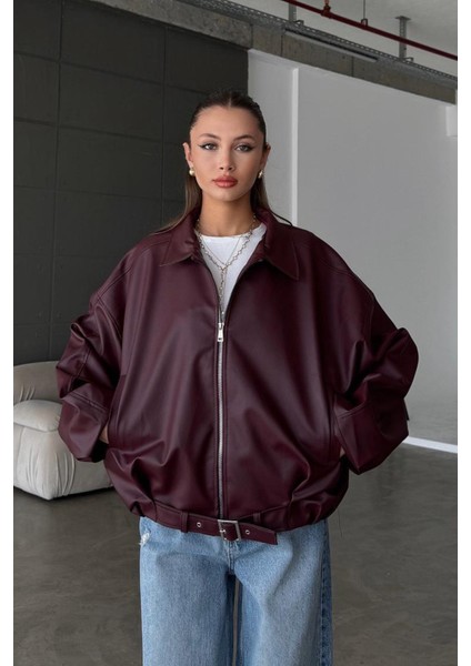 Kadın Oversize Deri Ceket– Oversize Relax Fit, Fermuarlı Kemer Detaylı Günlük Kadın Ceket fiyatları