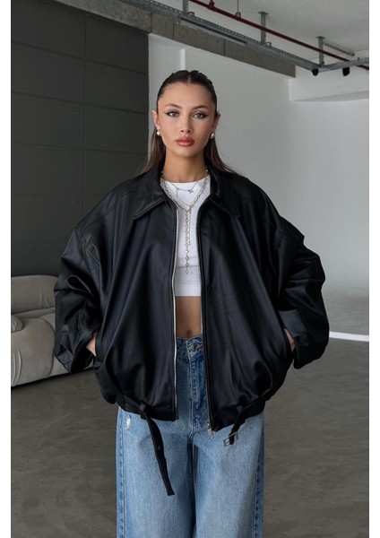 Kadın Oversize Deri Ceket– Oversize Relax Fit, Fermuarlı Kemer Detaylı Günlük Kadın Ceket