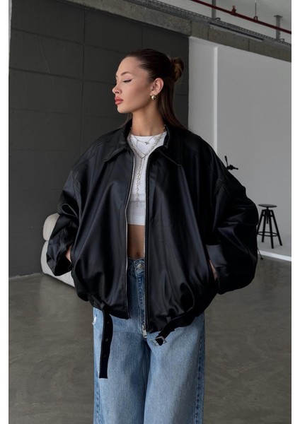 Kadın Oversize Deri Ceket– Oversize Relax Fit, Fermuarlı Kemer Detaylı Günlük Kadın Ceket fiyatları