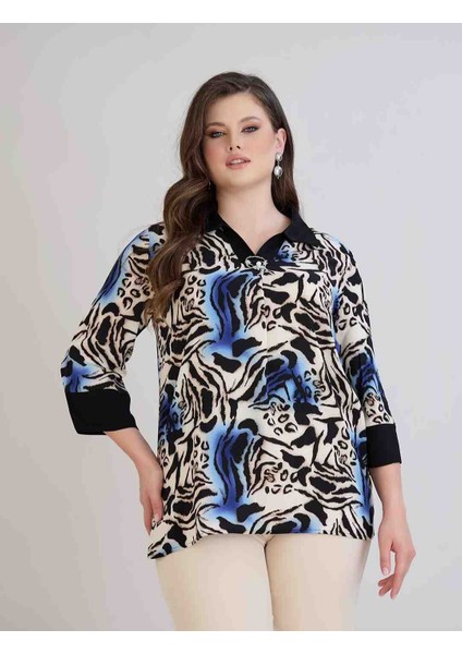 Kadın Büyük Beden Desenli Polo Yaka Bluz